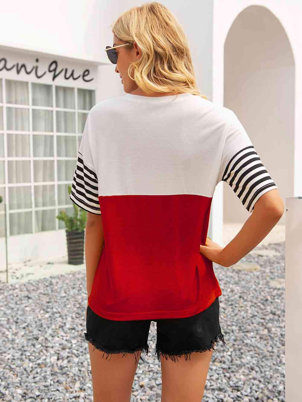 Striped Color Block Round Neck Tee Women's T-Shirts - Tophatter Daily Deals