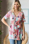 Heimish Full Size Floral V-Neck Short Sleeve Babydoll Blouse MINT Blouses - Tophatter Daily Deals