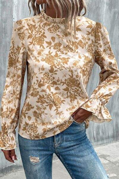 Floral Print Mock Neck Flounce Sleeve Blouse Blouses - Tophatter Daily Deals