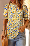 Floral Puff Sleve Keyhole Blouse Yellow Blouses - Tophatter Daily Deals