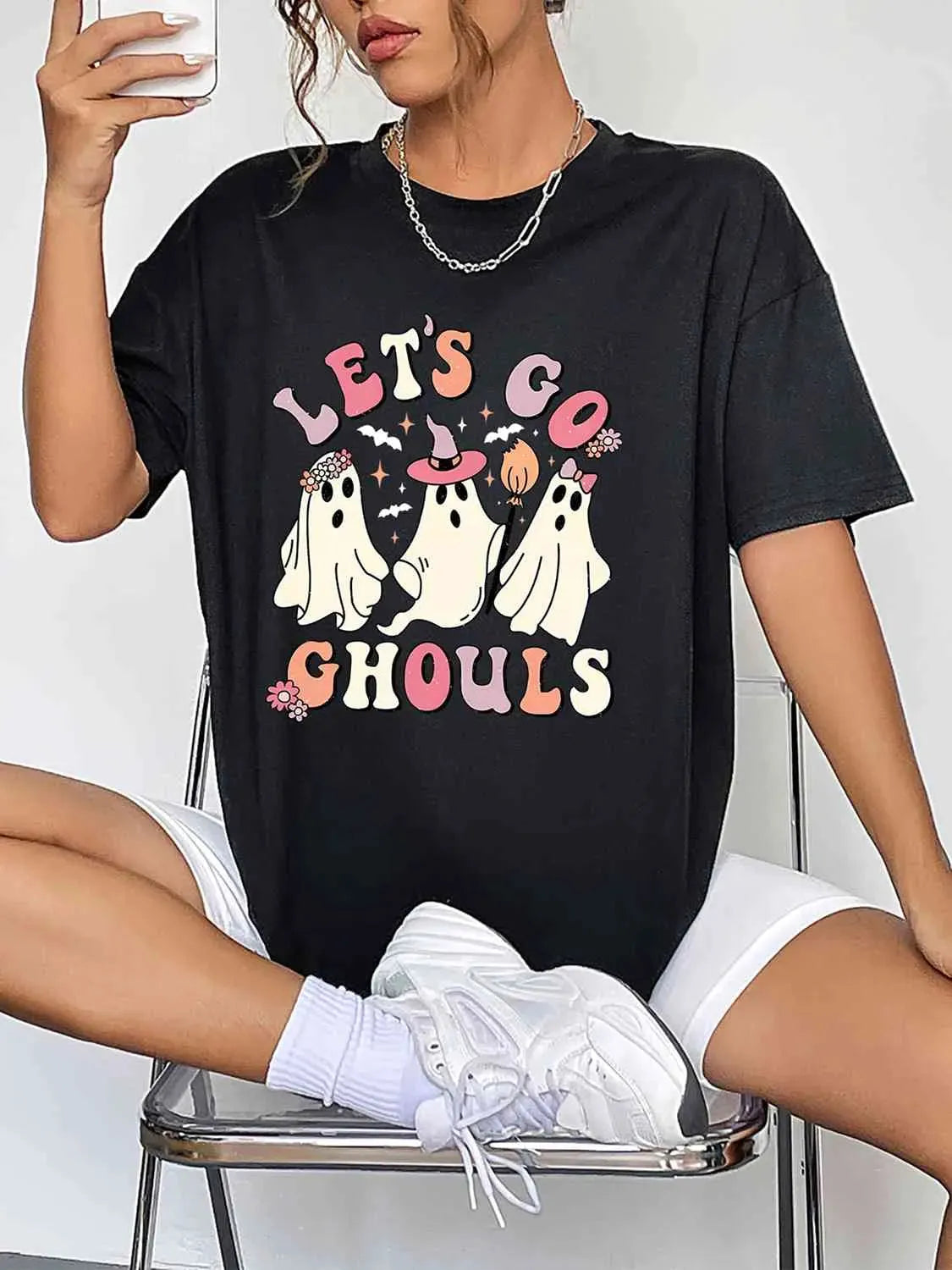 Round Neck Short Sleeve LET'S GO GHOULS Graphic T-Shirt Black Women's T-Shirts - Tophatter Daily Deals