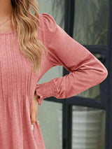 Smocked Round Neck Lantern Sleeve Blouse Blouses - Tophatter Daily Deals
