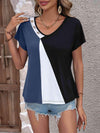 Color Block Decorative Button V-Neck Tee Women's T-Shirts - Tophatter Daily Deals