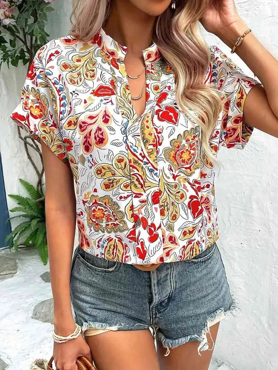 Printed Notched Neck Short Sleeve Blouse Butter Yellow Blouses - Tophatter Daily Deals