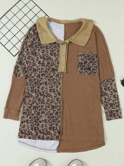 Half Button Leopard Collared Neck Blouse Taupe Blouses - Tophatter Daily Deals