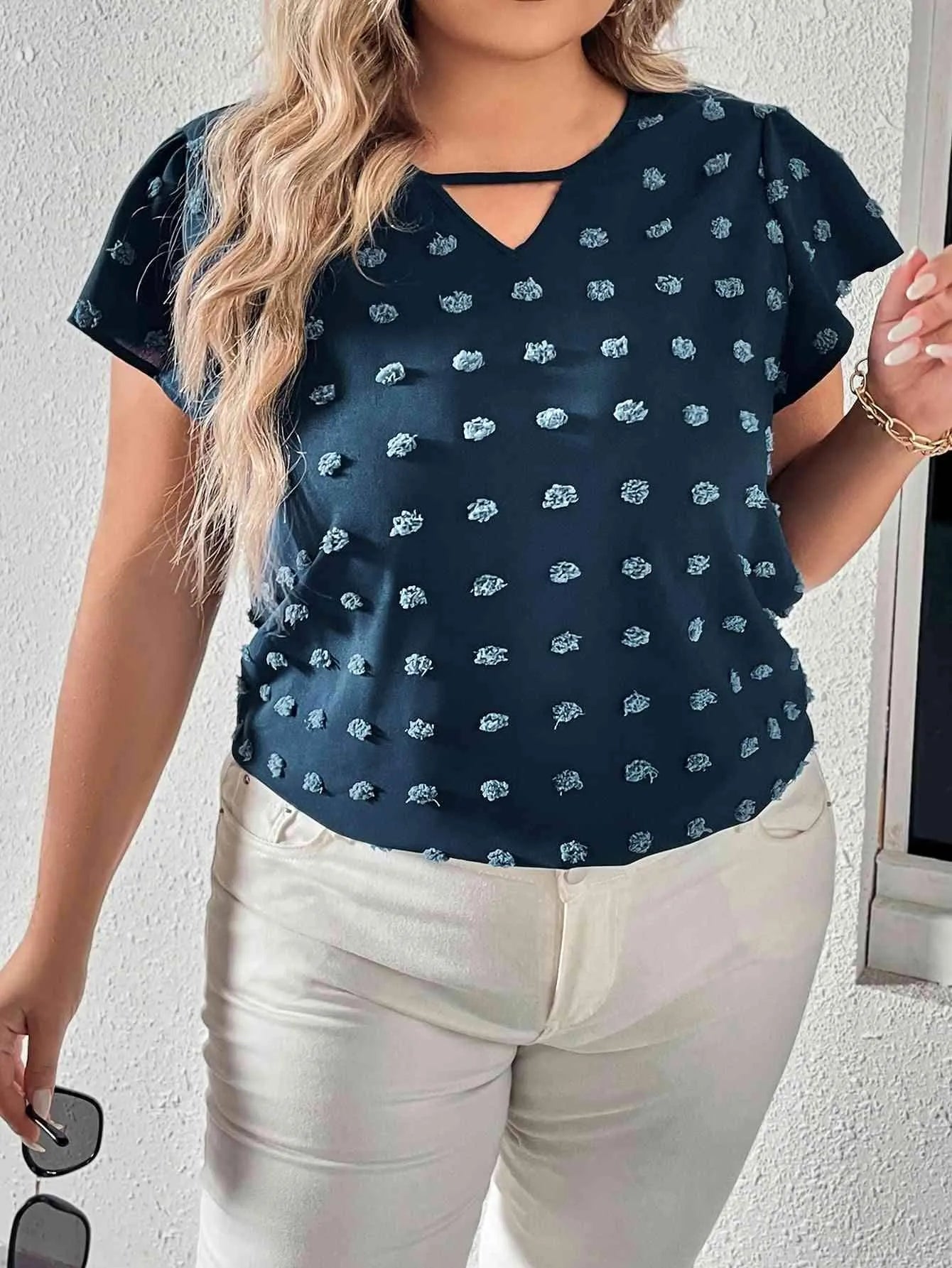 Plus Size Swiss Dot V-Neck Flutter Sleeve Tee Women's T-Shirts - Tophatter Daily Deals