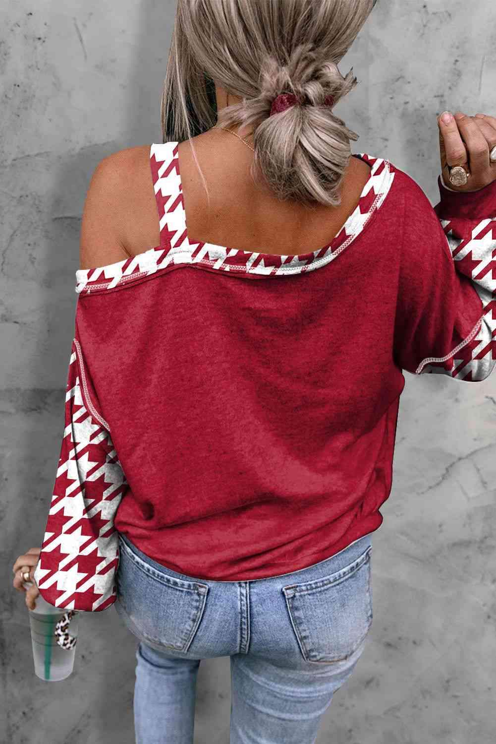 Houndstooth Long Sleeve Asymmetrical Neck Top Blouses - Tophatter Daily Deals