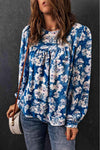 Floral Balloon Sleeve Round Neck Blouse Blue L Blouses - Tophatter Daily Deals