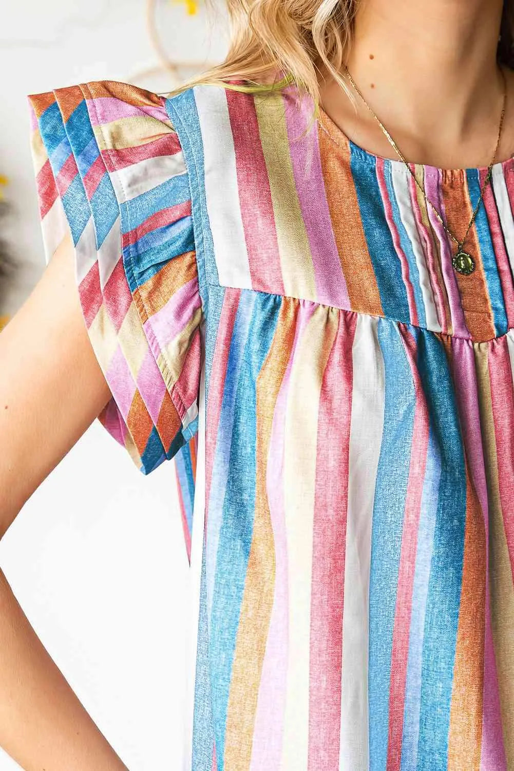 Multicolored Stripe Flutter Sleeve Blouse Blouses - Tophatter Daily Deals