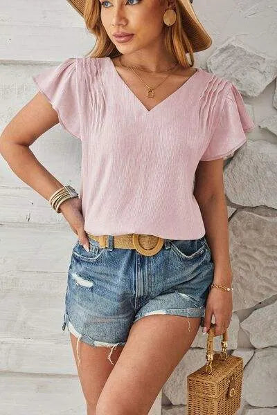 V-Neck Flutter Sleeve T-Shirt Blush Pink Women's T-Shirts - Tophatter Daily Deals