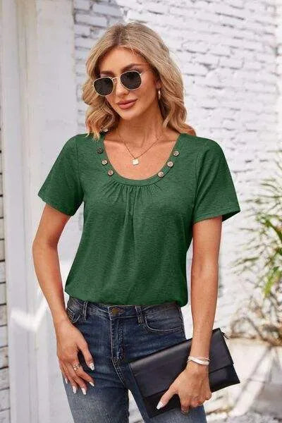Decorative Button Scoop Neck T-Shirt Women's T-Shirts - Tophatter Daily Deals