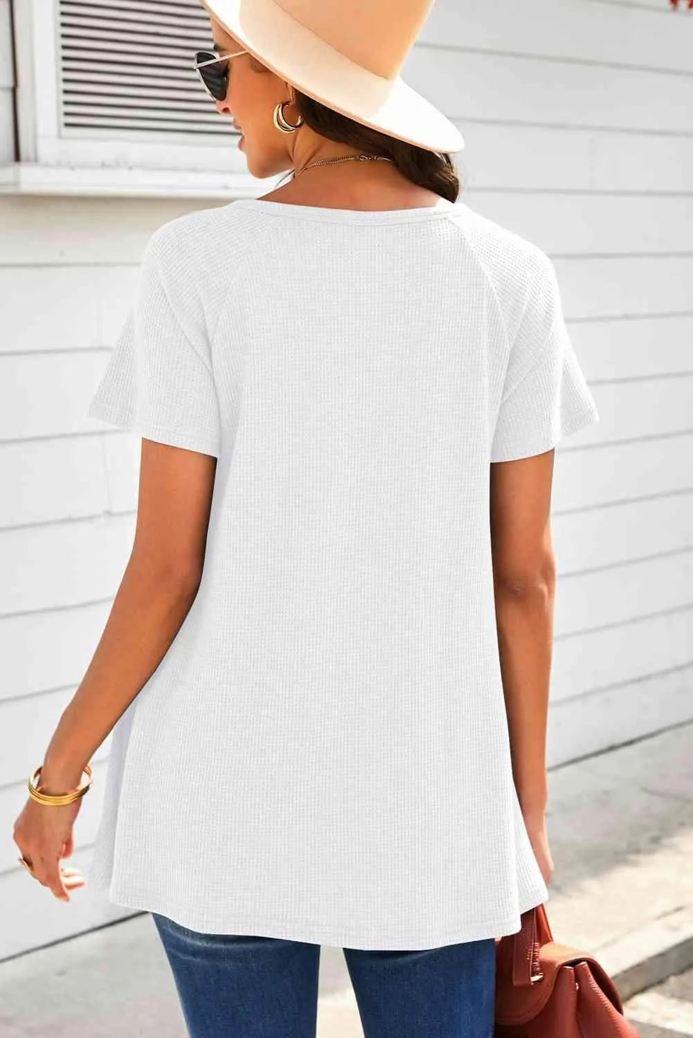 Lace Trim Waffle-Knit V-Neck Top Blouses - Tophatter Daily Deals