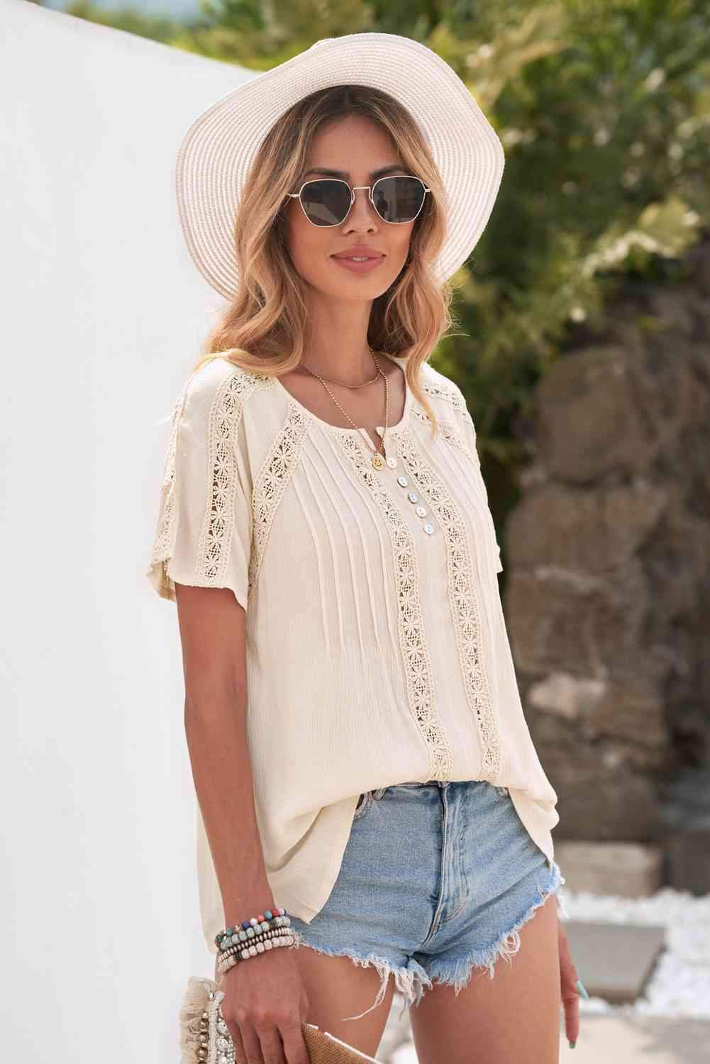 Crochet Eyelet Buttoned Short Sleeves Top Blouses - Tophatter Daily Deals