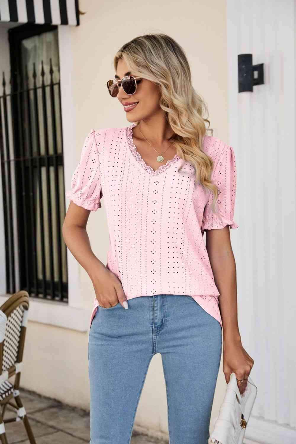 Eyelet Flounce Sleeve Scalloped V-Neck Top Blush Pink Blouses - Tophatter Daily Deals