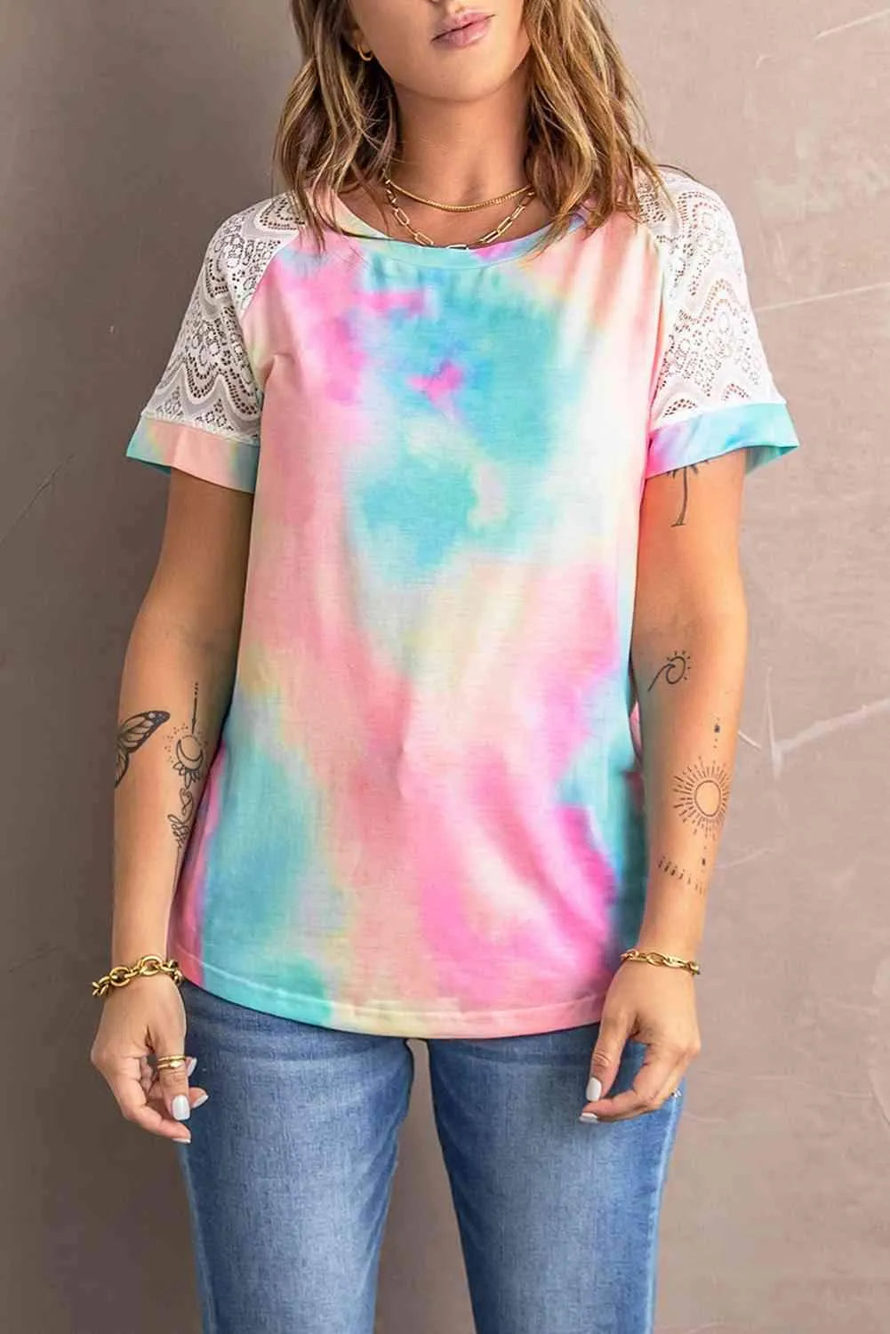 Tie-Dye Spliced Lace Raglan Sleeve Tee Women's T-Shirts - Tophatter Daily Deals