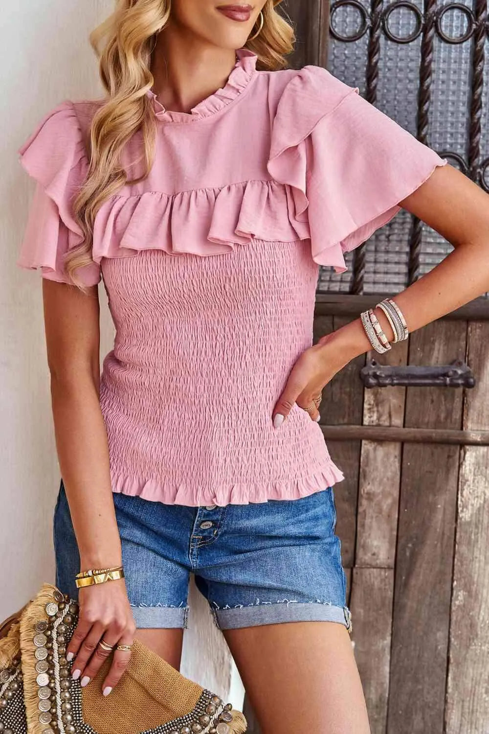Smocked Tie Back Flutter Sleeve Blouse Blouses - Tophatter Daily Deals