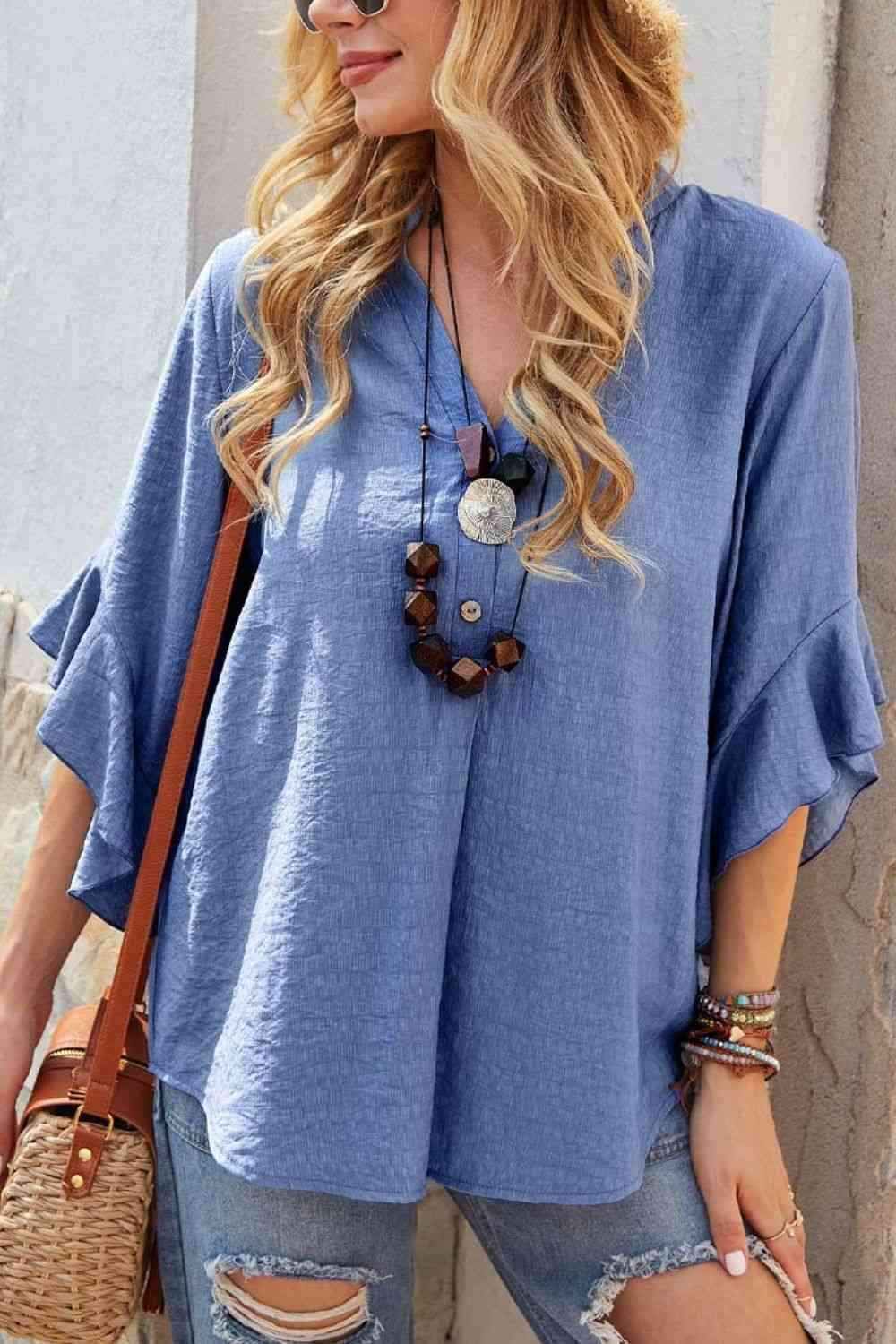 Notched Neck Flounce Sleeve Blouse Cobalt Blue Blouses - Tophatter Daily Deals