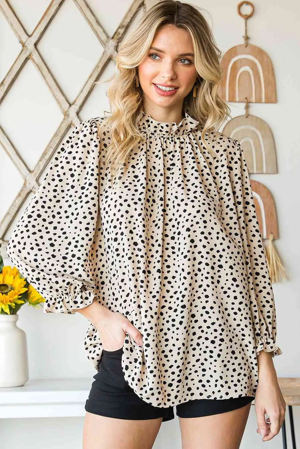 Animal Print Ruffle Collar Flounce Sleeve Blouse Khaki Blouses - Tophatter Daily Deals