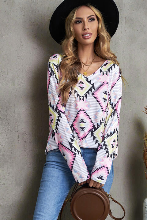 Geometric V-Neck Long Sleeve T-Shirt Multicolor Women's T-Shirts - Tophatter Daily Deals