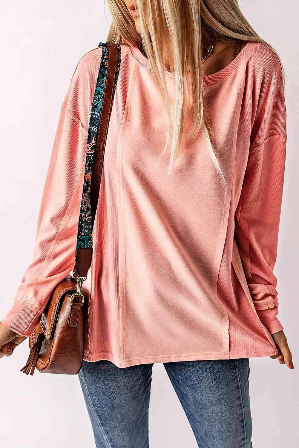 Ribbed Trim Panel Long Sleeve Top Women's T-Shirts - Tophatter Daily Deals