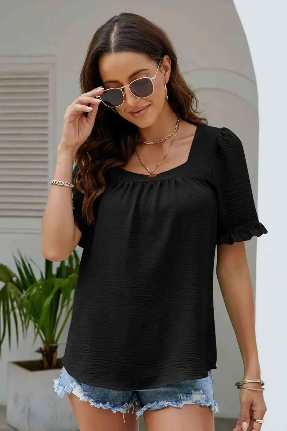 Frill Trim Puff Sleeve Square Neck Blouse Black Blouses - Tophatter Daily Deals
