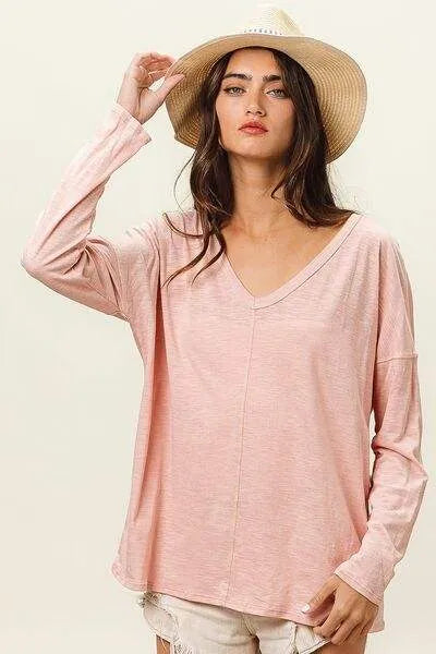 BiBi Exposed Seam V-Neck Long Sleeve T-Shirt BLUSH Women's T-Shirts - Tophatter Daily Deals
