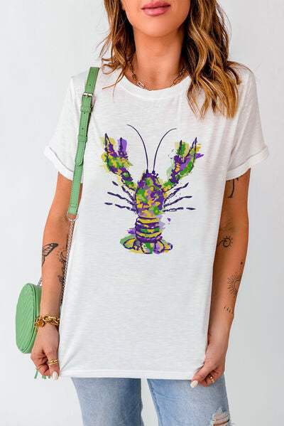 Mardi Gras Lobster Round Neck T-Shirt White Women's T-Shirts - Tophatter Daily Deals