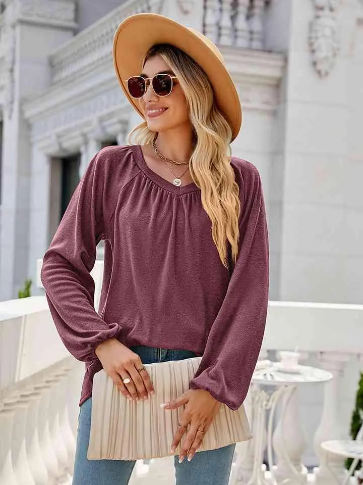 V-Neck Long Sleeve Blouse Blouses - Tophatter Daily Deals