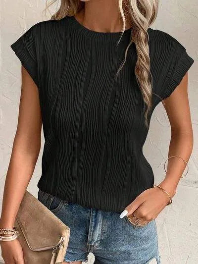 Textured Round Neck Cap Sleeve T-Shirt Women's T-Shirts - Tophatter Daily Deals