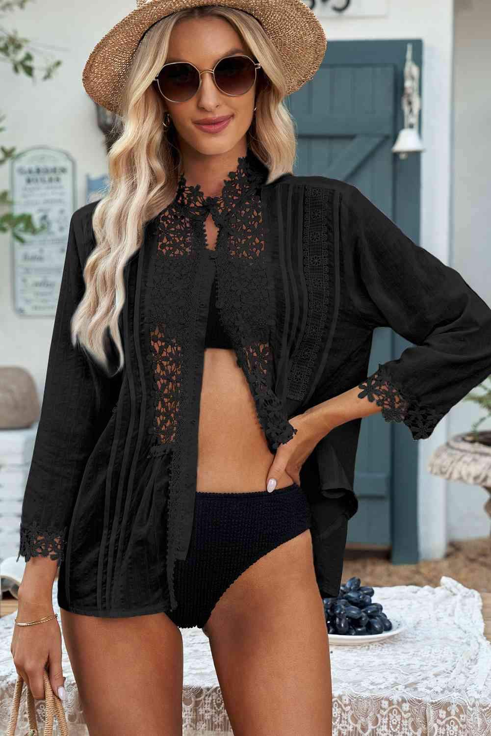 Crochet Lace Three-Quarter Sleeve Blouse Black Blouses - Tophatter Daily Deals