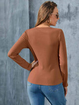 Buttoned Round Neck Long Sleeve T-Shirt Women's T-Shirts - Tophatter Daily Deals