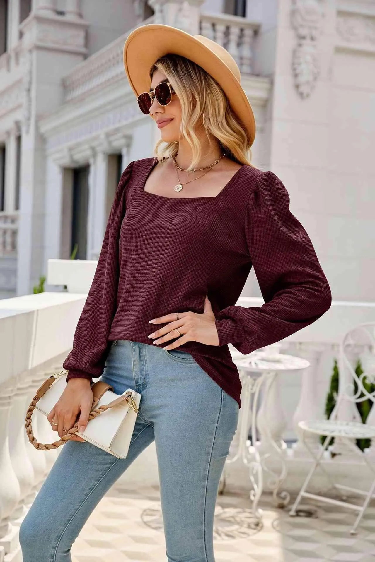 Waffle-Knit Puff Sleeve Square Neck Top Blouses - Tophatter Daily Deals
