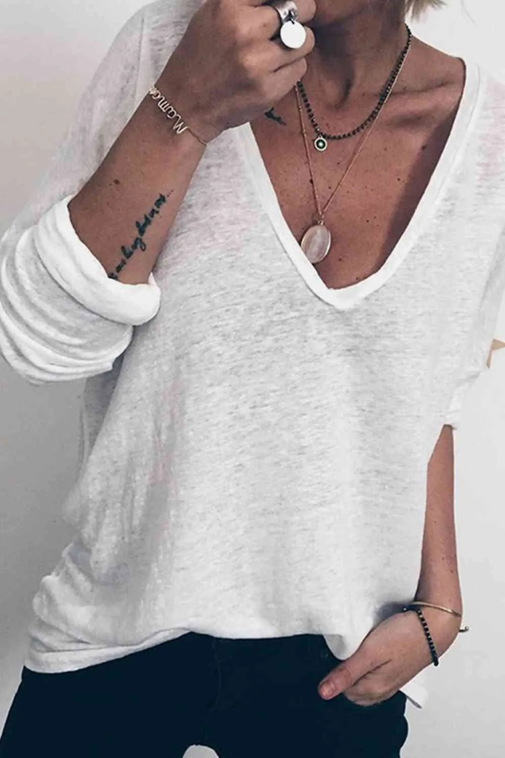 V-Neck Long Sleeve T-Shirt White Women's T-Shirts - Tophatter Daily Deals