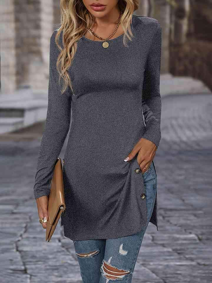 Decorative Button Slit Long Sleeve T-Shirt Charcoal Women's T-Shirts - Tophatter Daily Deals