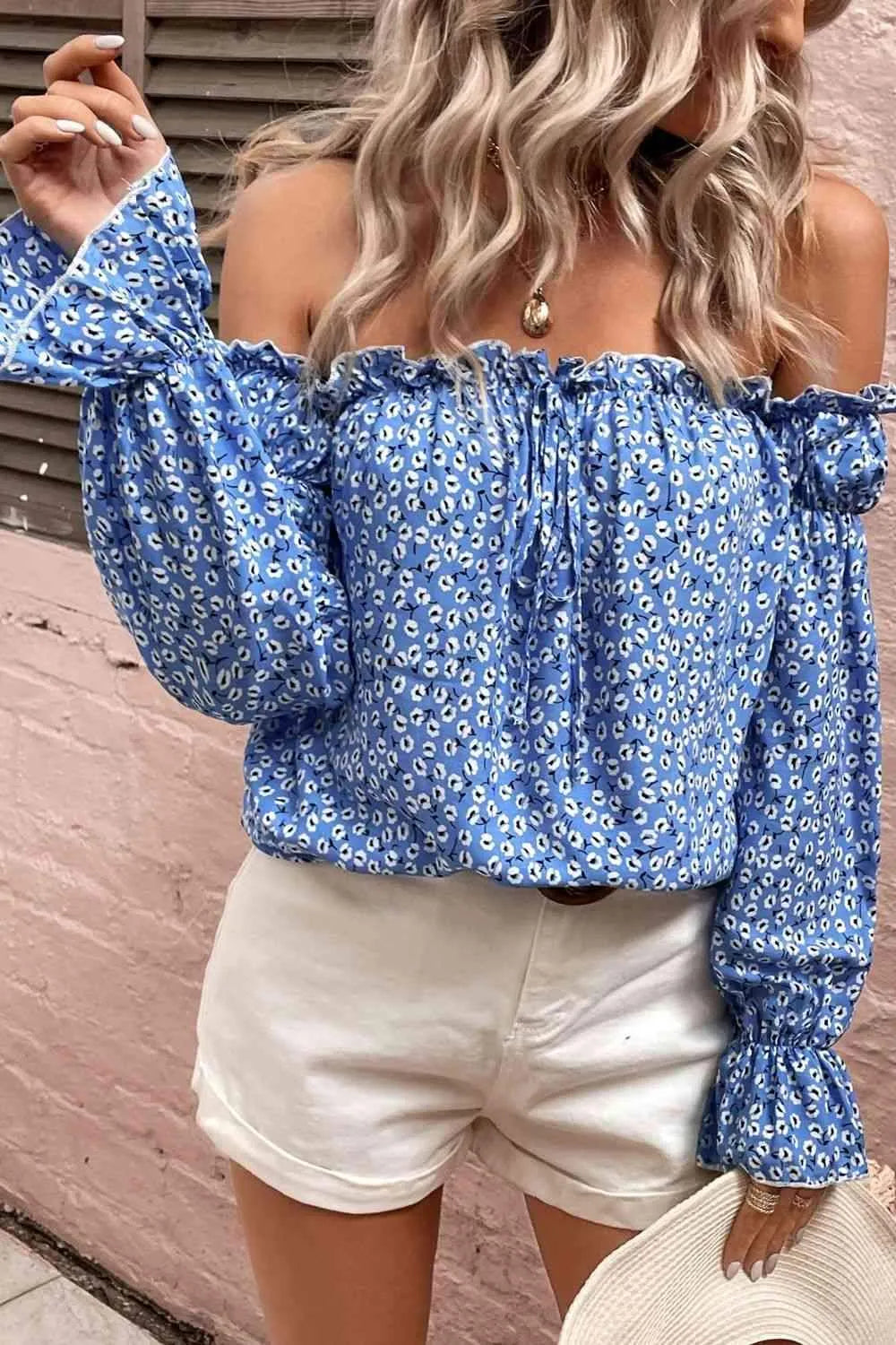 Off Shoulder Printed Frill Trim Blouse Blouses - Tophatter Daily Deals