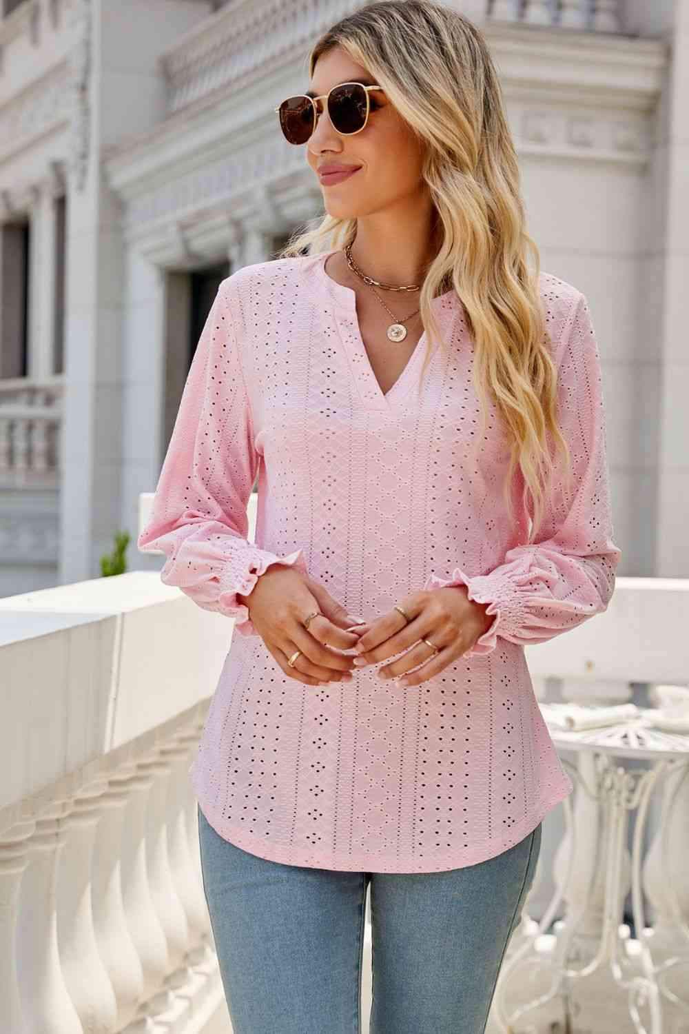 Notched Flounce Sleeve Eyelet Top Blouses - Tophatter Daily Deals