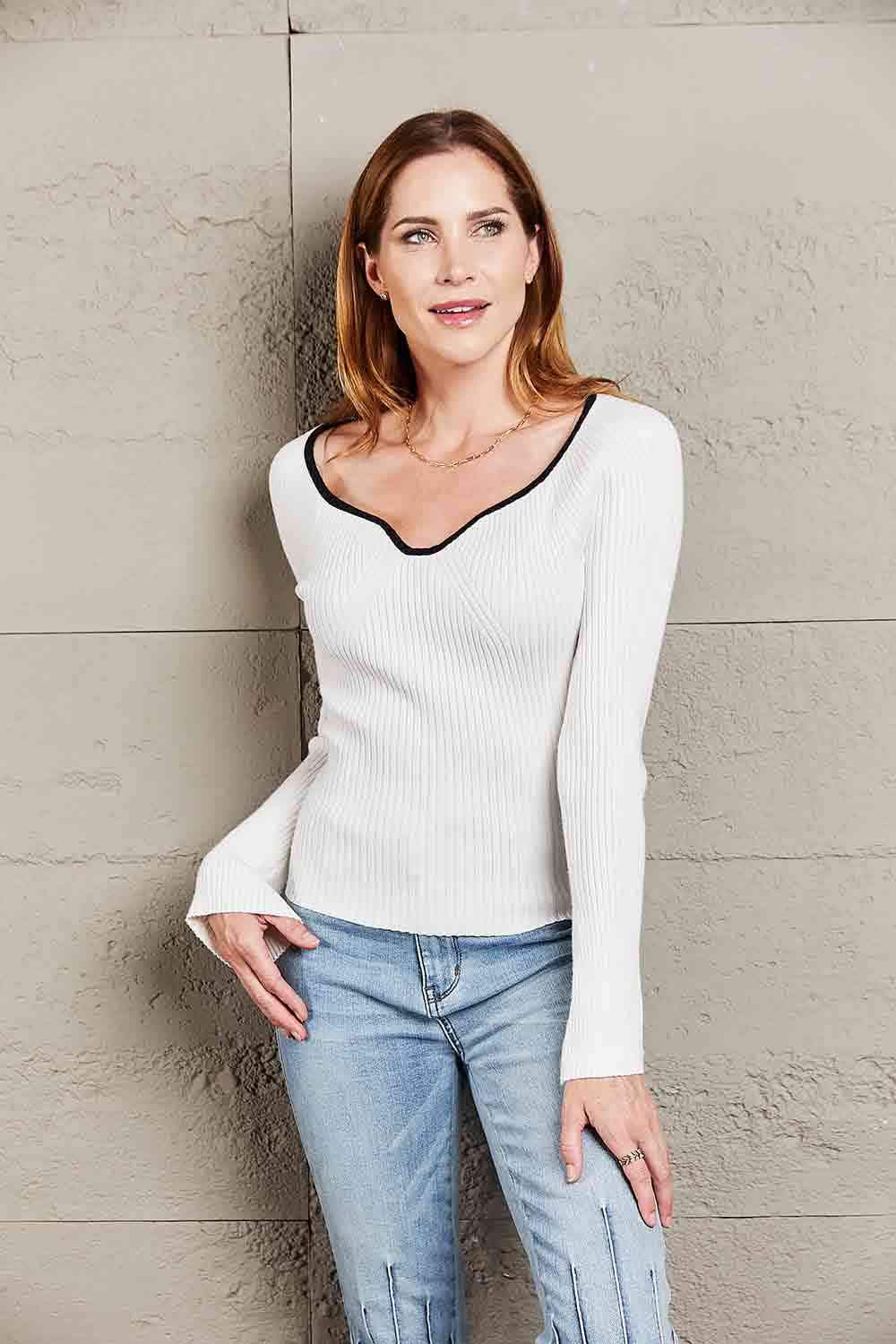 Double Take Contrast Sweetheart Neck Ribbed Top White Blouses - Tophatter Daily Deals