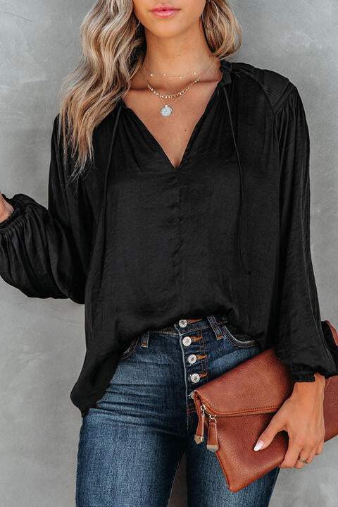 Tie Neck Long Sleeve Blouse Black Blouses - Tophatter Daily Deals