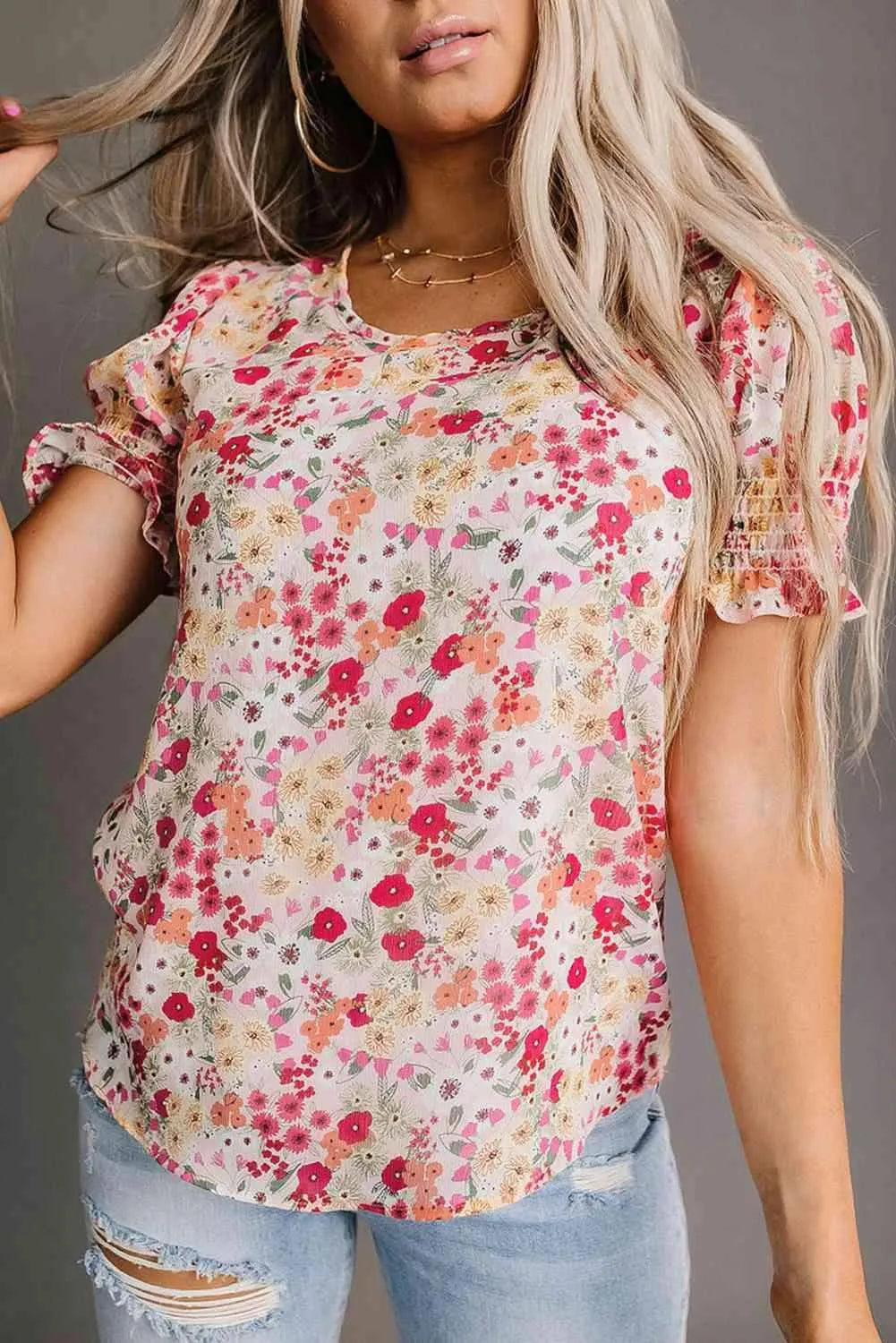 Floral Flounce Sleeve Smocked Blouse Blouses - Tophatter Daily Deals