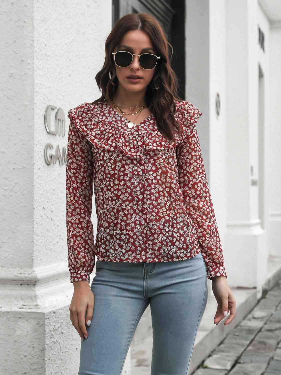 Printed Statement Collar Long Sleeve Blouse Blouses - Tophatter Daily Deals