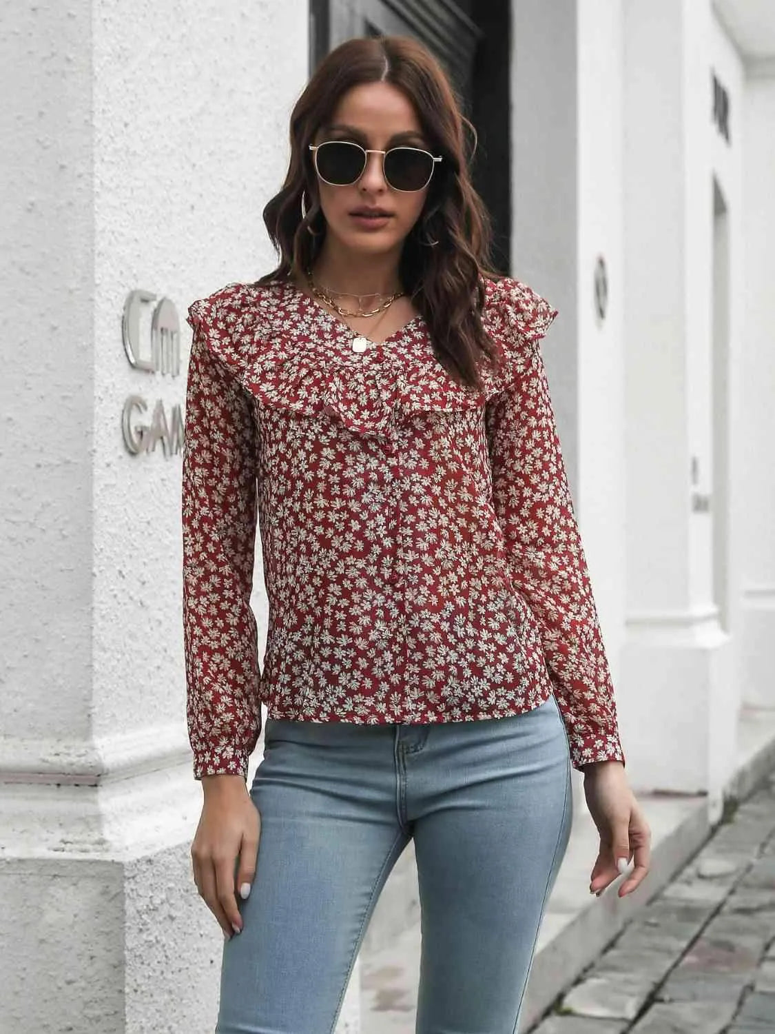 Printed Statement Collar Long Sleeve Blouse Blouses - Tophatter Daily Deals