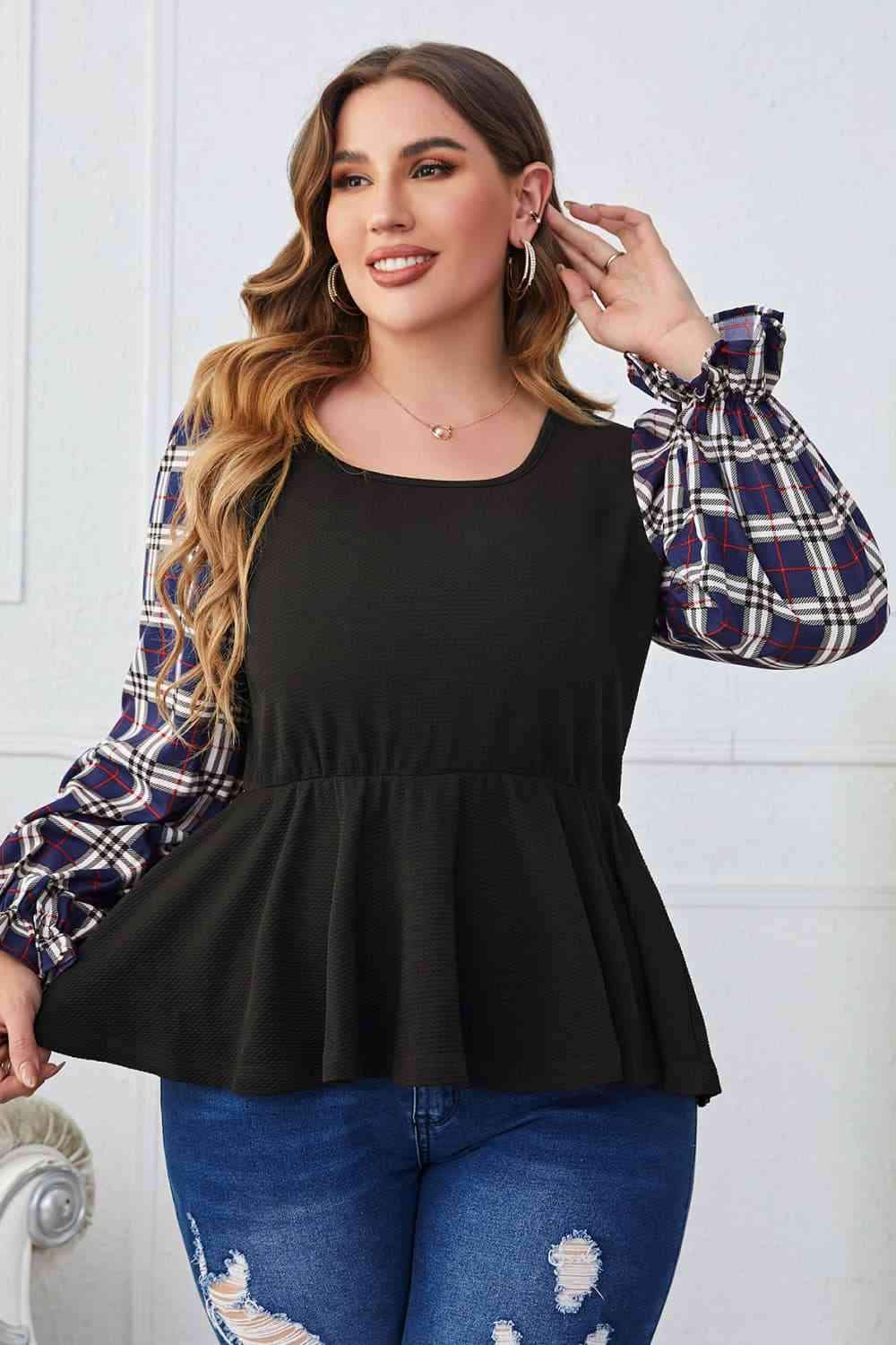 Melo Apparel Plus Size Plaid Print Square Neck Ruched Blouse Black Blouses - Tophatter Daily Deals