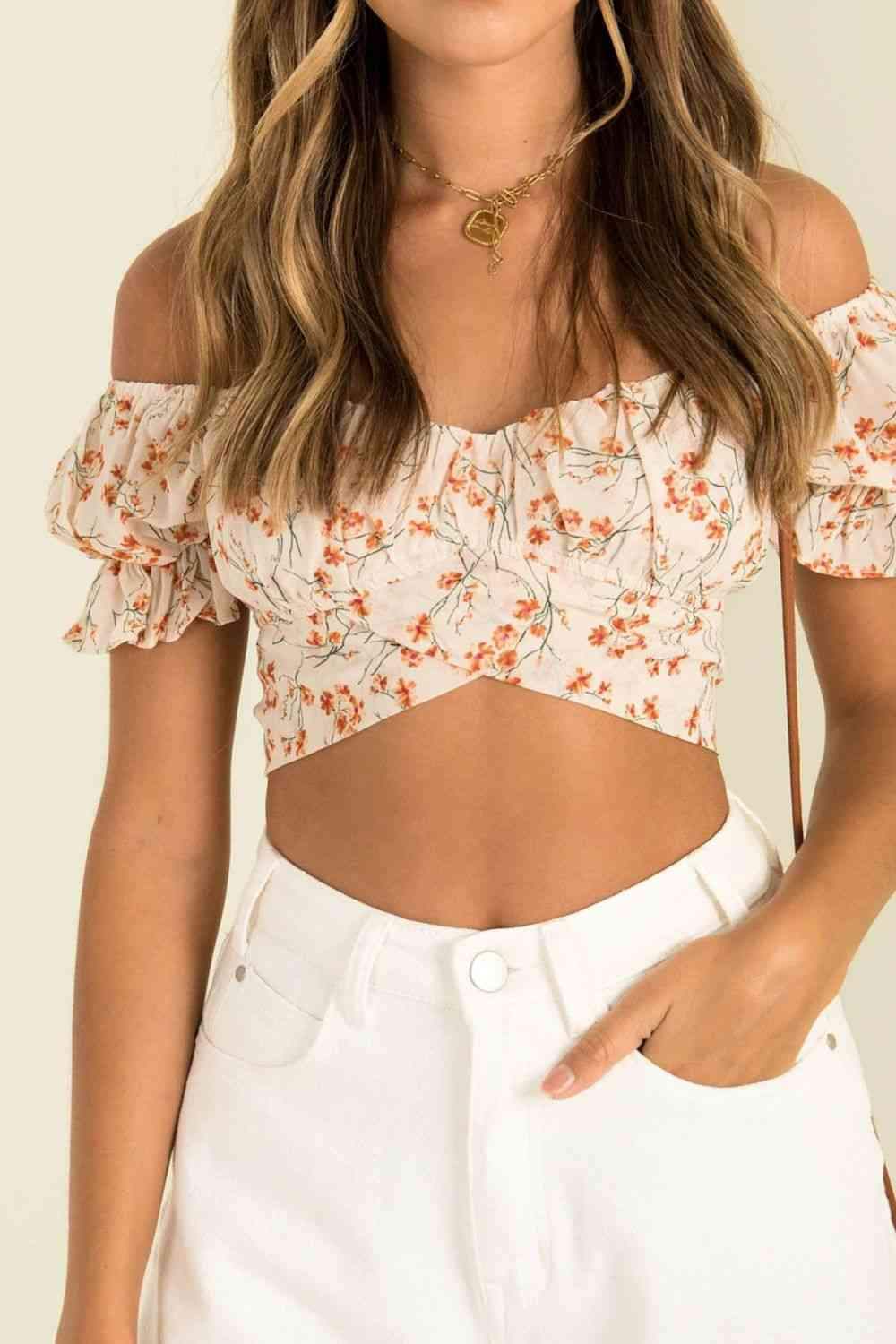 Flower Print Ruffle Trim Off-Shoulder Back Tie Blouse Blouses - Tophatter Daily Deals