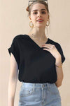 Ninexis V-Neck Trim Rolled Short Sleeve Shirt BLACK Blouses - Tophatter Daily Deals