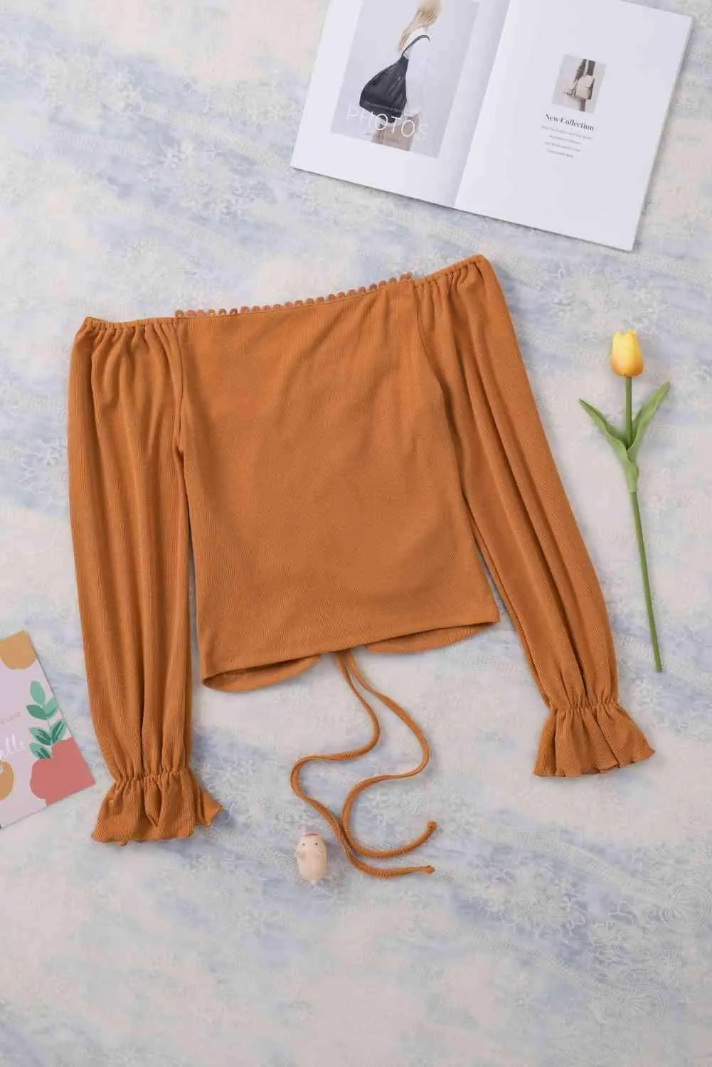 Drawstring Detail Flounce Sleeve Off-Shoulder Crop Top Blouses - Tophatter Daily Deals