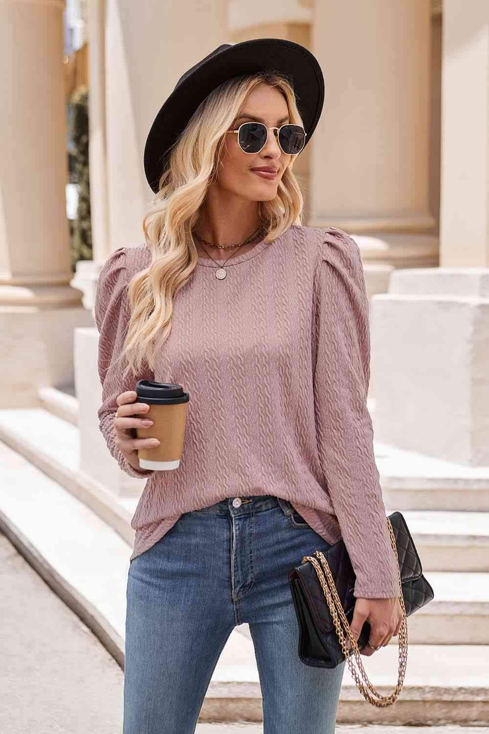 Round Neck Puff Sleeve Blouse Dusty Pink Blouses - Tophatter Daily Deals