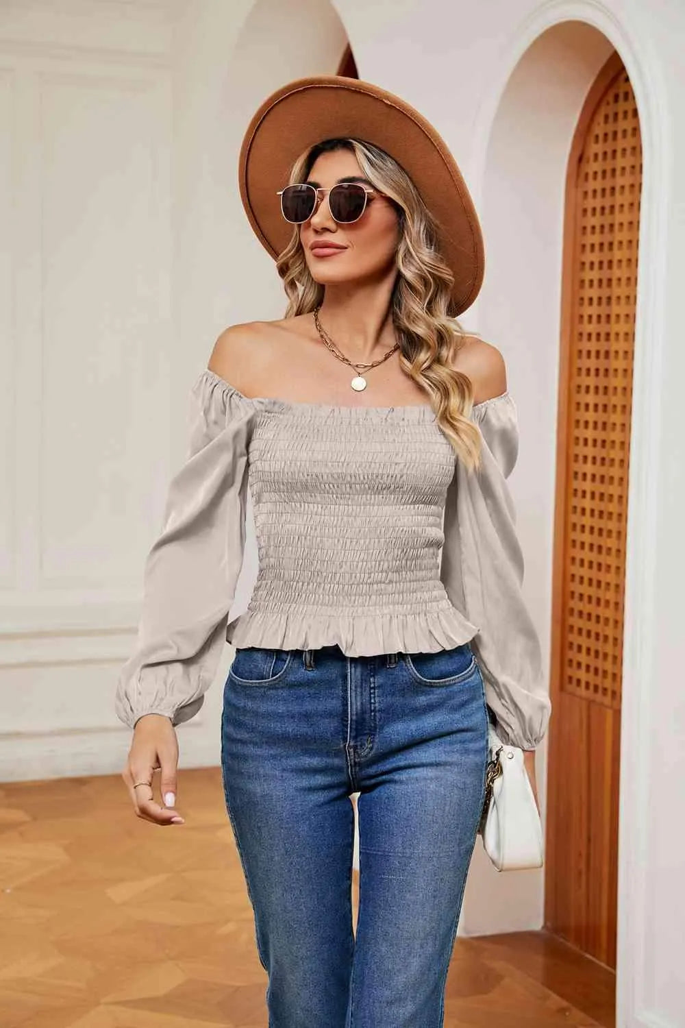 Smocked Off-Shoulder Ruffle Hem Blouse Blouses - Tophatter Daily Deals