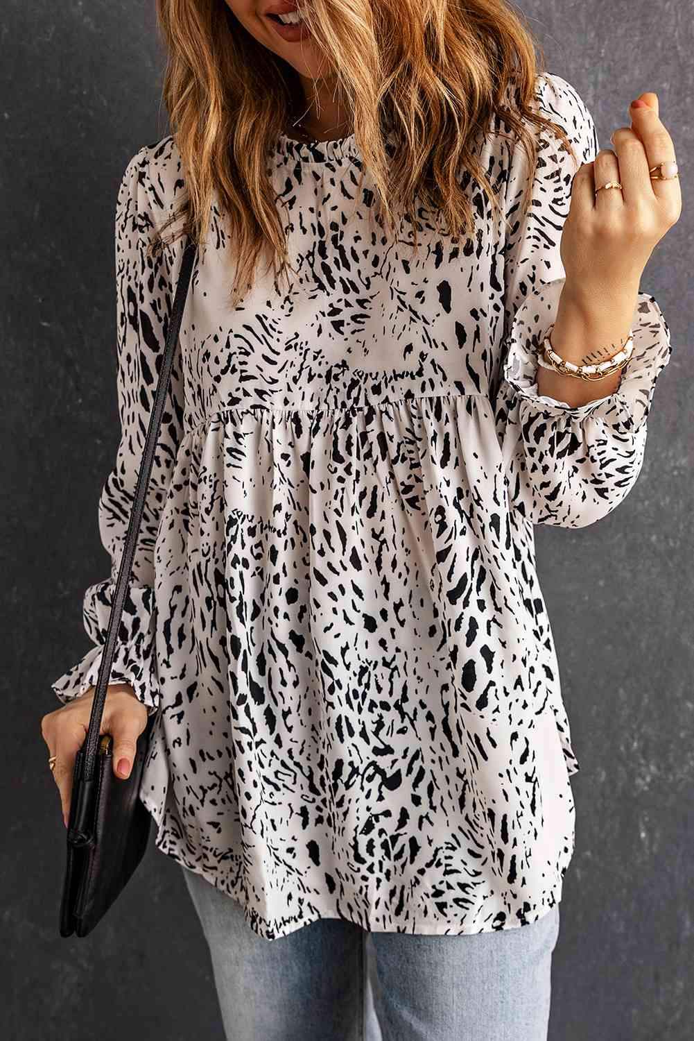 Printed Frill Neck Flounce Sleeve Babydoll Blouse Blouses - Tophatter Daily Deals