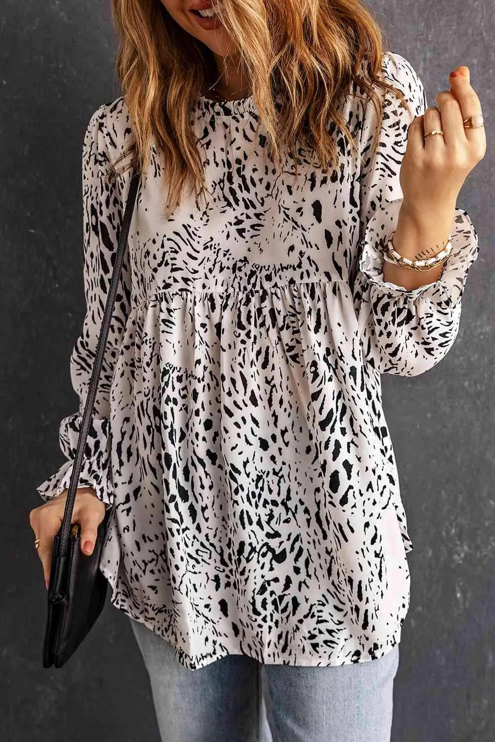 Printed Frill Neck Flounce Sleeve Babydoll Blouse Blouses - Tophatter Daily Deals