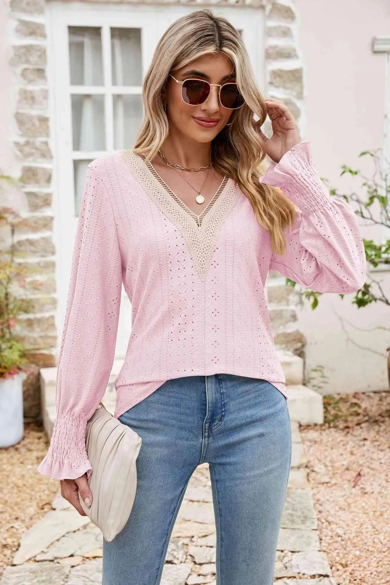 Eyelet V-Neck Smocked Flounce Sleeve Blouse Blush Pink Blouses - Tophatter Daily Deals